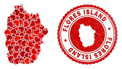 Canvas Print - Mosaic Flores Island of Azores map created from red love hearts, and rubber seal. Vector lovely round red rubber seal imitation with Flores Island of Azores map inside.