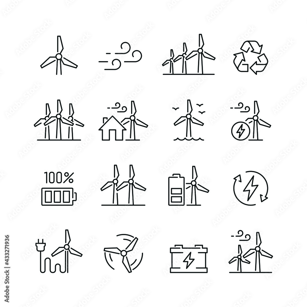 Wind turbine related icons: thin vector icon set, black and white kit ...