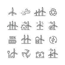 Wind Turbine Related Icons: Thin Vector Icon Set, Black And White Kit