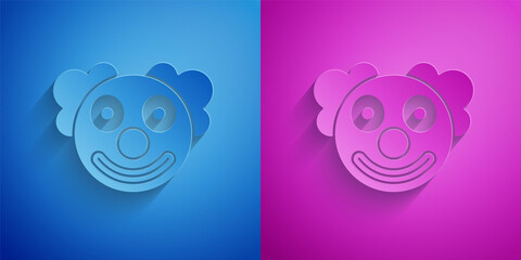 Sticker - Paper cut Clown head icon isolated on blue and purple background. Paper art style. Vector