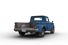 Rear View 3D Rendering Of An Old Dusty Vintage Blue Pickup Truck Isolated On White.