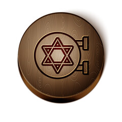 Canvas Print - Brown line Jewish synagogue building or jewish temple icon isolated on white background. Hebrew or judaism construction with David star. Wooden circle button. Vector