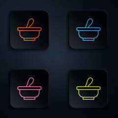 Wall Mural - Color neon line Mortar and pestle icon isolated on black background. Set icons in square buttons. Vector