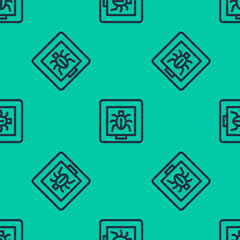 Aufkleber - blue line insects in a frame icon isolated seamless pattern on green background. herbarium. vector
