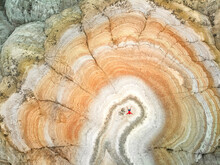 Aerial Shot Of Man With Bicycle On The Top Of Surreal Striped Desert Mountain
