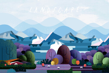 Wall Mural - Nature and landscape. Vector illustration of trees, forest, mountains, flowers, plant, field, farm and village. Picture for background, card or cover