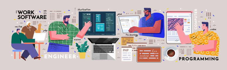 Office. Vector modern illustration of working people in the office at the computer or monitor for cover, magazine or background