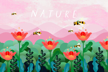 Wall Mural - Nature and landscape. Vector illustration of trees, forest, mountains, flowers, bee, plants, field. Picture for background, card or cover