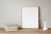 11x14 Thin Wood Vertical Frame Mockup For Art And Quotes. Vintage Stack Of Books And Flowers As Props.
