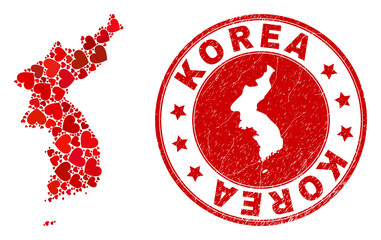 Canvas Print - Mosaic Korea map designed with red love hearts, and corroded seal stamp. Vector lovely round red rubber seal stamp imprint with Korea map inside.