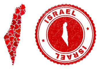 Canvas Print - Mosaic Israel map created from red love hearts, and rubber badge. Vector lovely round red rubber badge imitation with Israel map inside.