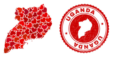 Wall Mural - Collage Uganda map designed from red love hearts, and rubber badge. Vector lovely round red rubber badge imprint with Uganda map inside. Geographic abstraction of Uganda map with red amour symbols.