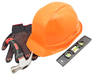 Construction helmet, gloves and hammer on white