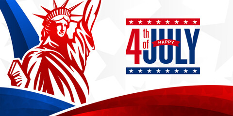 Sticker - USA 4th of July modern colorful lettering design on modern, contemporary red, blue waving stripe background with a statue of liberty. 
