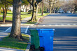 Large blue and green trash cans with wheels on a residential tree lined street waiting for trash pickup