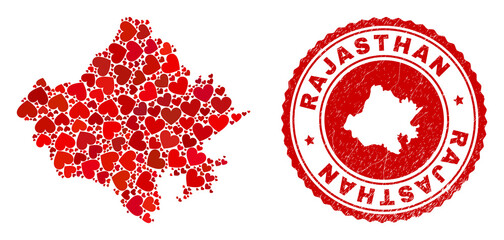 Canvas Print - Collage Rajasthan State map created with red love hearts, and rubber stamp. Vector lovely round red rubber stamp imitation with Rajasthan State map inside.