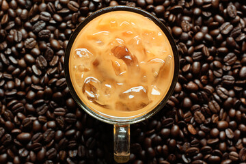 Wall Mural - Cold Coffee On Wood and coffee bean