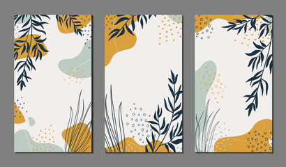 Wall Mural - Abstract organic vector shapes, leaves, branch, plants. Set of natural template in doodle style for social media post, cover, poster, stories, background. Modern graphics for business, holiday. Simple