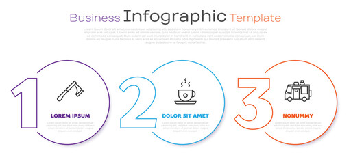 Sticker - Set line Wooden axe, Coffee cup and Rv Camping trailer. Business infographic template. Vector