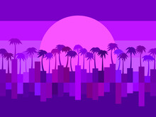 Palm Tree, Virtual Reality Landscape. Retro Futuristic 80s Background With Palm Trees And Sun. Cyberpunk Style. Vector Illustration