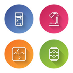 Aufkleber - Set line Computer, Table lamp, Piece of puzzle and Energy drink. Color circle button. Vector