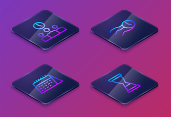 Poster - set isometric line time management, calendar, flies on the clock and old hourglass with sand. blue s
