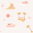 Summer paradise pattern with islands, palm trees, lounge chair and hammock. Yacht is sailing on the sea. Gulls on the background of the sunset, flamingos in the water. Warm landscape with beach.