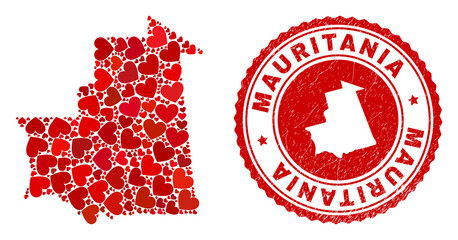 Wall Mural - Collage Mauritania map designed with red love hearts, and textured seal. Vector lovely round red rubber seal imitation with Mauritania map inside.