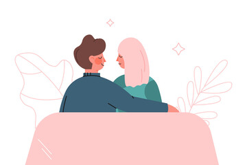 Sticker - Happy Romantic Couple Sitting on Bench Embracing Each Other Back View Vector Illustration