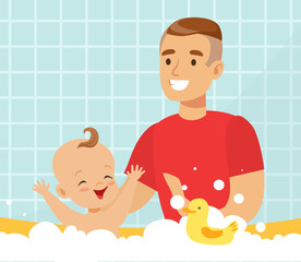 Sticker - Happy Cheerful Dad Bathing his Baby in Bathtub with Foam Bubbles Vector Illustration