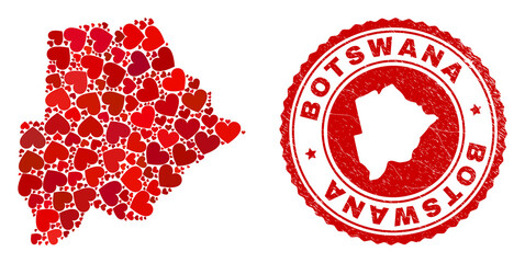 Wall Mural - Mosaic Botswana map formed with red love hearts, and textured seal stamp. Vector lovely round red rubber seal stamp imitation with Botswana map inside.