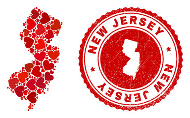 Canvas Print - Mosaic New Jersey State map composed with red love hearts, and grunge seal. Vector lovely round red rubber badge imprint with New Jersey State map inside.