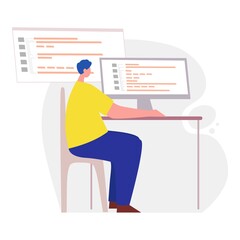 Programmer working on web development on computer. Concept of script coding and programming in php, python, javascript, other languages. Software developer. Flat cartoon illustration design