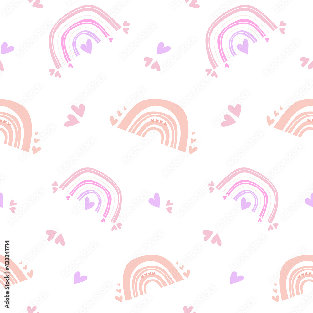 Cute seamless pattern of pink rainbows with hearts. Scandinavian boho ...