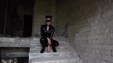 Slow Motion Attractive Woman In Leather Latex Cat Costume