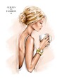 Beautiful blond hair girl profile. Fashion girl holding a coffee cup. Woman with hair bun. Stylish girl. Fashion illustration.