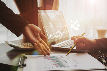 Poster - Business people using computer laptop HUD screen display projection, reading charts graphs statistics analyzing data gathering information technology business design idea planning, work desk station