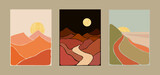 Fototapeta Boho - Abstract Bohemian Art Landscape Terracotta and Mint Green Tones. Boho Style. Mountain View, Sun, Moon, Hills. Vector Art Poster.