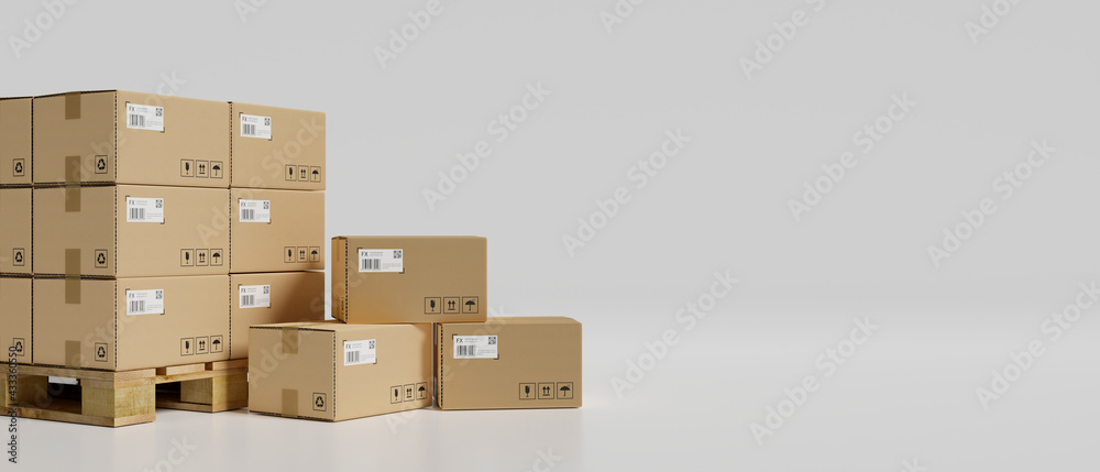 3D rendering, stack of cardboard boxes in the warehouse in white background - obrazy, fototapety, plakaty 
