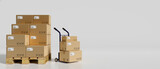 3D rendering, heap of cardboard boxes in the warehouse with a cart in white background