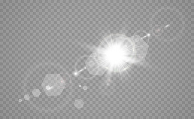 Special lens flash, light effect. The flash flashes rays and searchlight. illust.White glowing light. Beautiful star Light from the rays. The sun is backlit. Bright beautiful star. Sunlight. Glare.