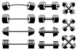 Set of barbells and dumbells in monochrome style. Design element for logo, label, sign, emblem. Vector illustration