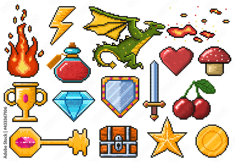 Vektor Pixel game elements. Games ui magic items, fire, trophy, coin ...