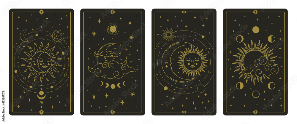 Moon and sun tarot cards. Mystical hand drawn celestial bodies cards, magic tarot card vector illustration set. Magical esoteric tarot cards - obrazy, fototapety, plakaty 