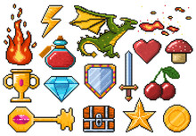 Pixel Game Elements. Games Ui Magic Items, Fire, Trophy, Coin, Dragon And Poison Vector Illustration Set. Digital Pixelated 8 Bit Game Symbols