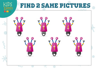 Find two same pictures kids game vector illustration.