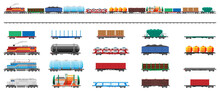 Set Of Train Cargo Wagons, Cisterns, Tanks, Cars