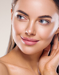 Wall Mural - young woman beautiful face healthy skin natural make up spa clean fresh skin