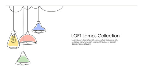 Wall Mural - Loft lamps collection and lampshades in one line drawing. Horizontal banner in minimalistic Industrial style. Vector illustration of Hanging modern chandelier and light bulbs