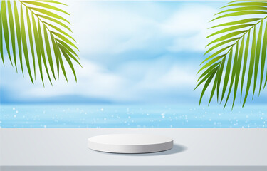 Wall Mural - White podium display with palm tree for product presentation, summer beach with blue sea and sky background.